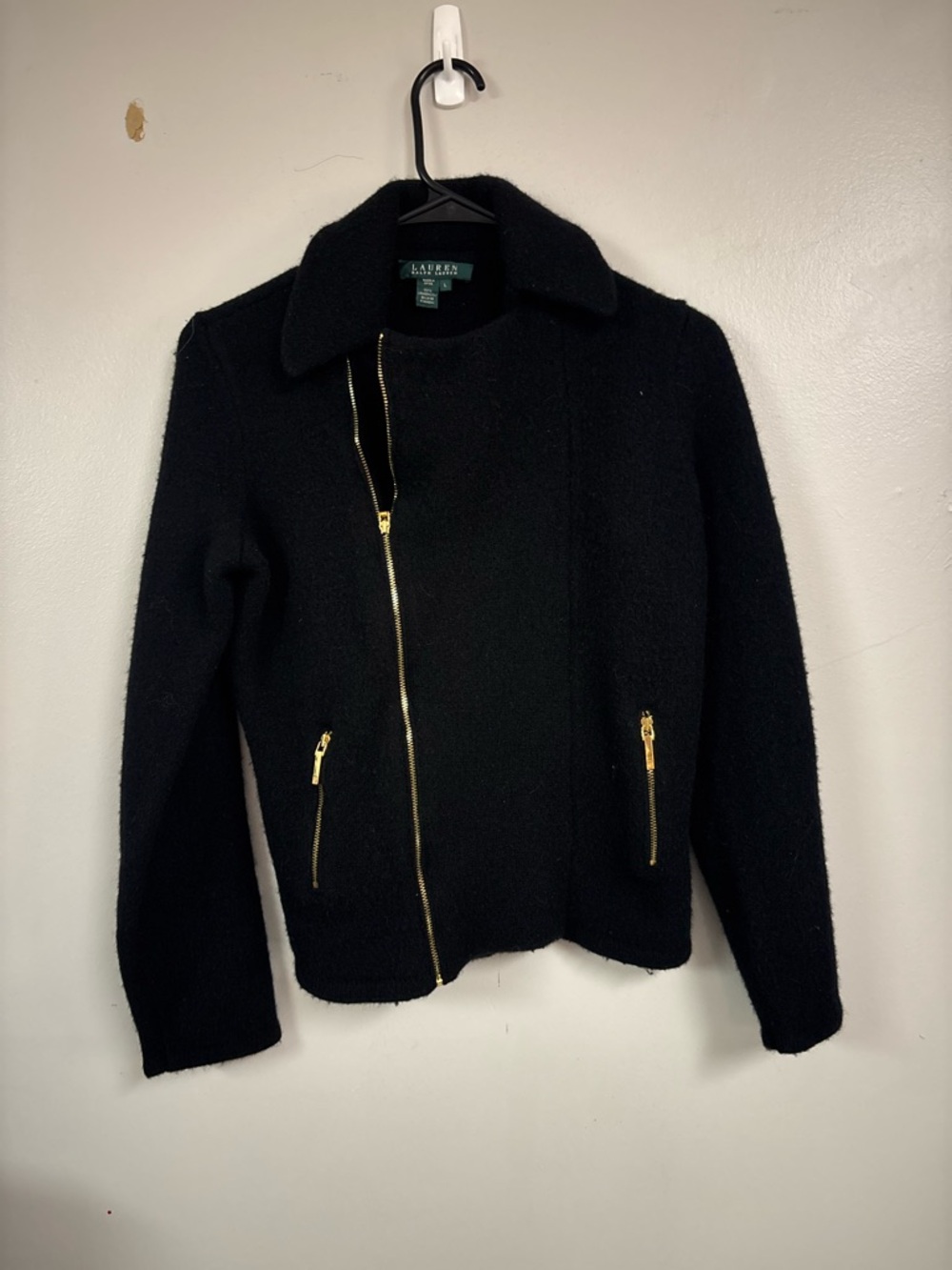 Lauren Ralph Lauren Black Wool Moto Jacket Large Asymmetrical Zip Gold Hardware